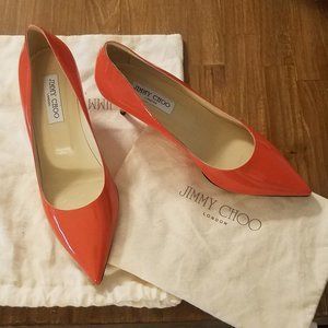 Jimmy Choo Patent Leather Orange AZA Pointy Pumps Size 39.5 EU /9.5 US